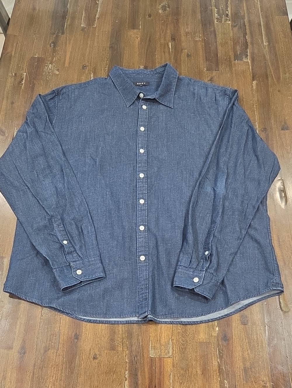 DKNY Men's Indigo Button-Down Cotton Linen Blend Shirt